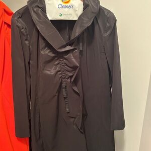 Ann Taylor Black Satin-Trimmed Ruffle Front Coat